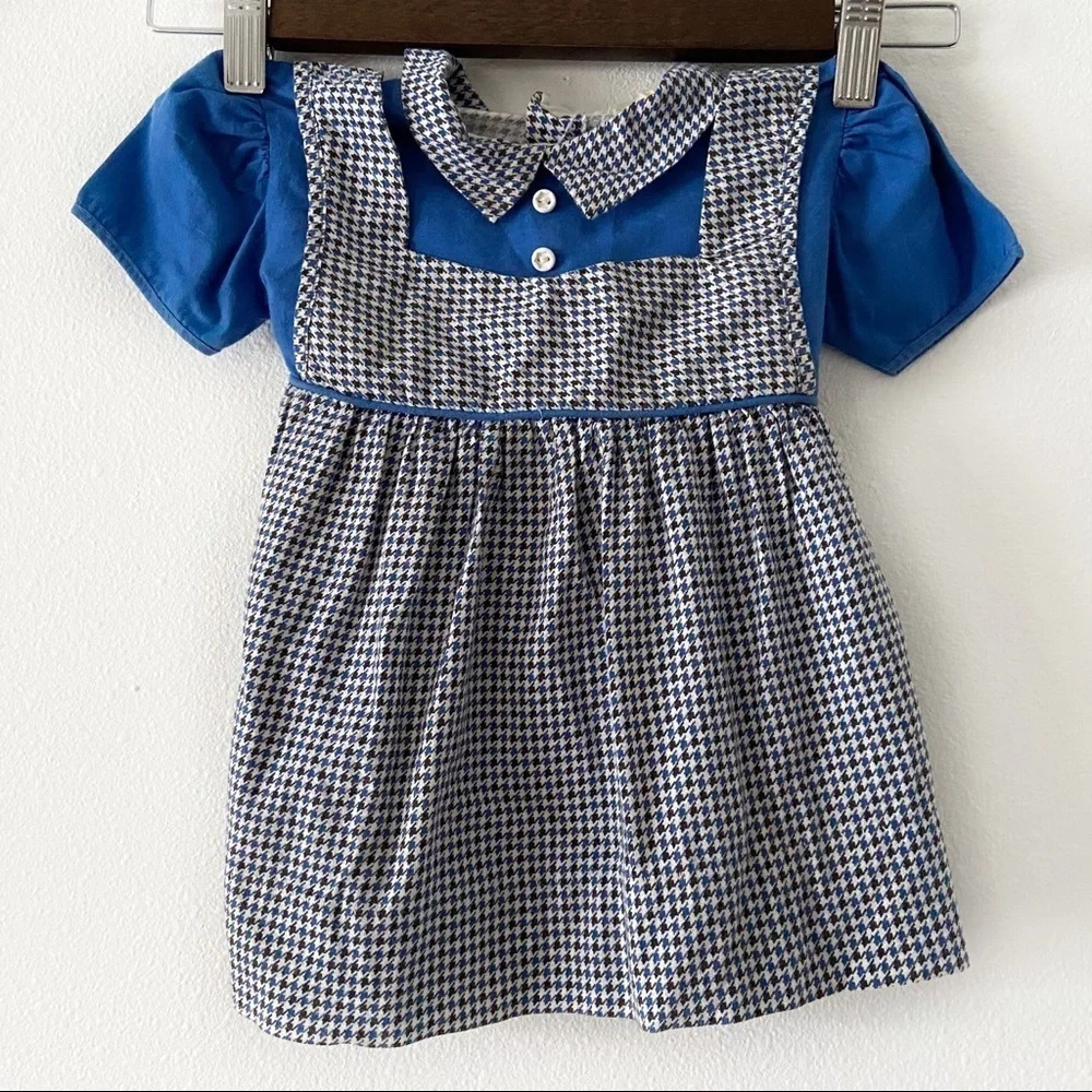 VINTAGE Houndstooth Baby Dress Tie Bow Vtg Collared Dress Patterned EUC